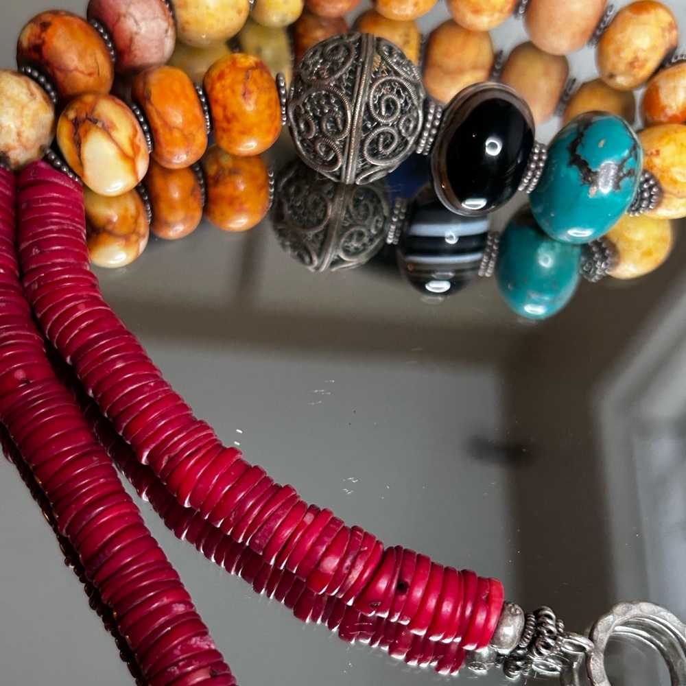 Handmade African beaded tribal choker necklace silver chunky onyx turquoise - Picture 3 of 16